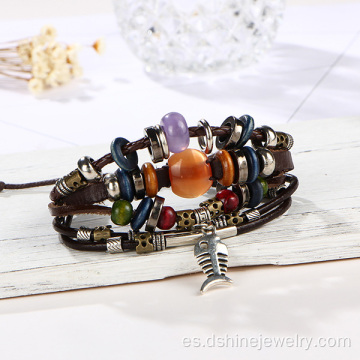 Pulsera de cuero retro tejida hecha a mano brazalete de perlas